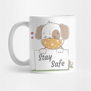 stay safe message with cute dog wearing face mask cartoon hand drawn Mug